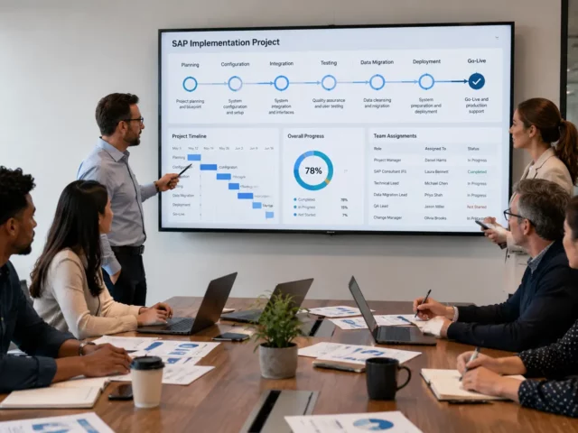 A man presents an SAP Implementation Project dashboard showing 78% progress to seated colleagues.