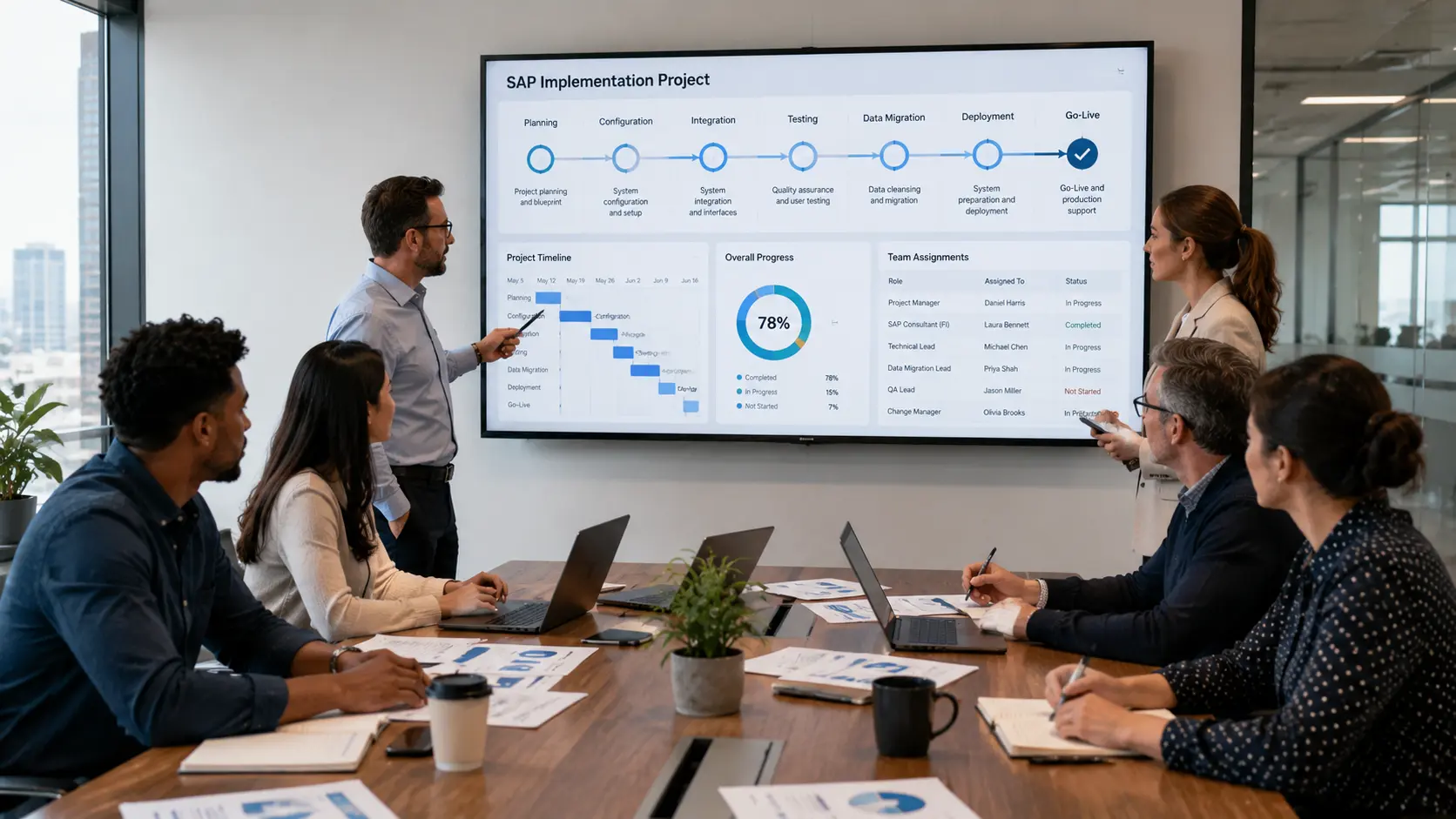 A man presents an SAP Implementation Project dashboard showing 78% progress to seated colleagues.