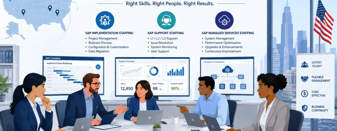 An infographic illustration titled "SAP Implementation, Support & Managed Services Staffing" showing a diverse corporate team collaborating around a conference table in an office overlooking a city skyline. Monitors in the background display SAP system dashboards, an implementation roadmap, and system performance analytics, while infographics above detail key staffing services across SAP Implementation, Support, and Managed Services.
