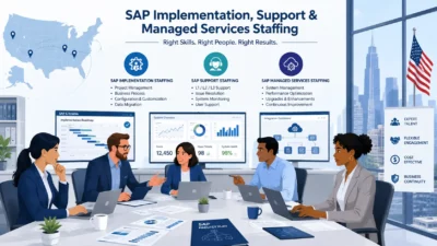 An infographic illustration titled "SAP Implementation, Support & Managed Services Staffing" showing a diverse corporate team collaborating around a conference table in an office overlooking a city skyline. Monitors in the background display SAP system dashboards, an implementation roadmap, and system performance analytics, while infographics above detail key staffing services across SAP Implementation, Support, and Managed Services.