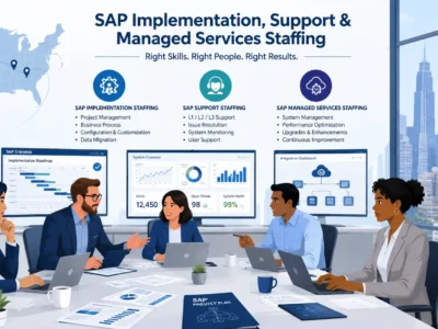 An infographic illustration titled "SAP Implementation, Support & Managed Services Staffing" showing a diverse corporate team collaborating around a conference table in an office overlooking a city skyline. Monitors in the background display SAP system dashboards, an implementation roadmap, and system performance analytics, while infographics above detail key staffing services across SAP Implementation, Support, and Managed Services.
