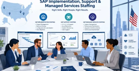An infographic illustration titled "SAP Implementation, Support & Managed Services Staffing" showing a diverse corporate team collaborating around a conference table in an office overlooking a city skyline. Monitors in the background display SAP system dashboards, an implementation roadmap, and system performance analytics, while infographics above detail key staffing services across SAP Implementation, Support, and Managed Services.