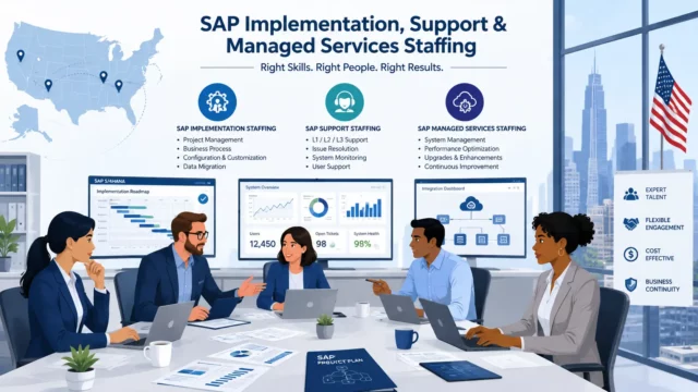 An infographic illustration titled "SAP Implementation, Support & Managed Services Staffing" showing a diverse corporate team collaborating around a conference table in an office overlooking a city skyline. Monitors in the background display SAP system dashboards, an implementation roadmap, and system performance analytics, while infographics above detail key staffing services across SAP Implementation, Support, and Managed Services.