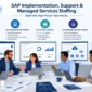 An infographic illustration titled "SAP Implementation, Support & Managed Services Staffing" showing a diverse corporate team collaborating around a conference table in an office overlooking a city skyline. Monitors in the background display SAP system dashboards, an implementation roadmap, and system performance analytics, while infographics above detail key staffing services across SAP Implementation, Support, and Managed Services.