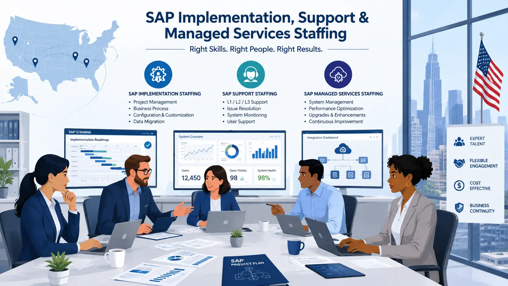 An infographic illustration titled "SAP Implementation, Support & Managed Services Staffing" showing a diverse corporate team collaborating around a conference table in an office overlooking a city skyline. Monitors in the background display SAP system dashboards, an implementation roadmap, and system performance analytics, while infographics above detail key staffing services across SAP Implementation, Support, and Managed Services.