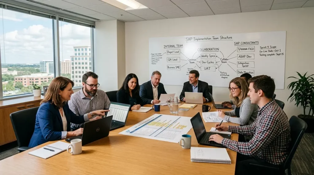 A collaborative project team around a table discussing an SAP implementation team structure whiteboard.