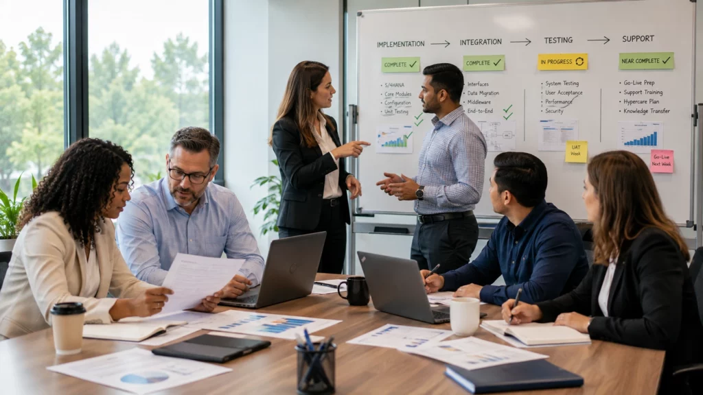 Diverse corporate team collaborating around a table in a meeting room with a project whiteboard in the background.