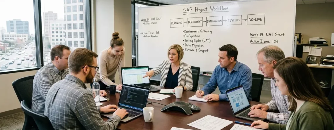 An IT team around a conference table listening to a speaker present an SAP Project Workflow whiteboard.