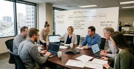An IT team around a conference table listening to a speaker present an SAP Project Workflow whiteboard.