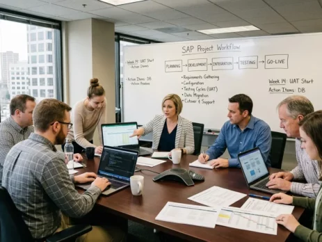 An IT team around a conference table listening to a speaker present an SAP Project Workflow whiteboard.