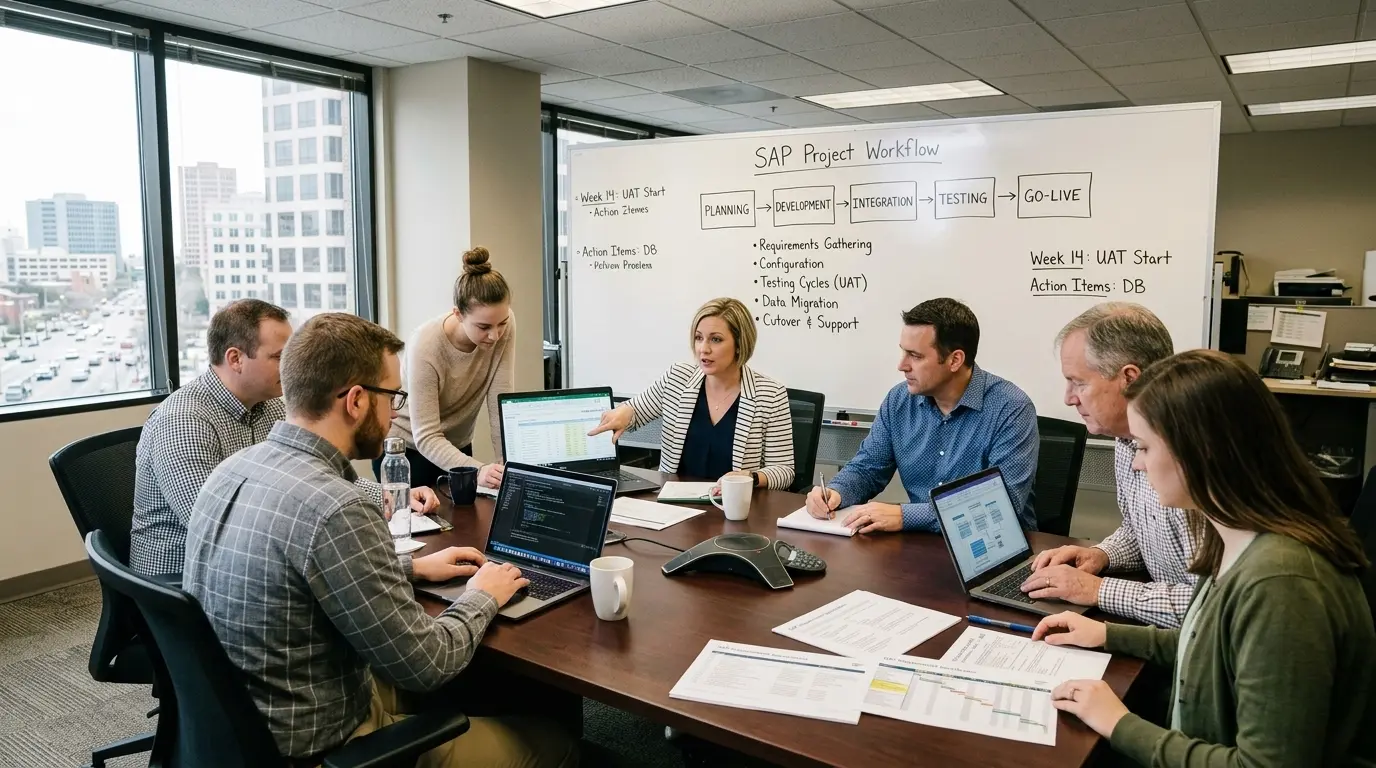 An IT team around a conference table listening to a speaker present an SAP Project Workflow whiteboard.