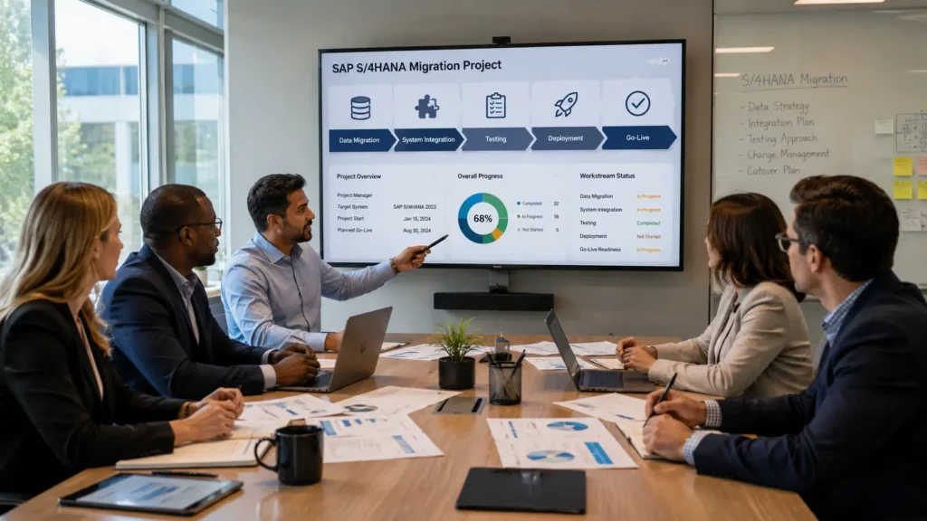 A team reviews an SAP S/4HANA Migration Project dashboard showing a 68% progress chart on a conference screen.
