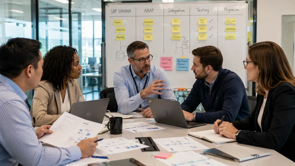 Diverse corporate team in a conference room discussing an SAP S/4HANA Project Roadmap detailed with sticky notes on a whiteboard.