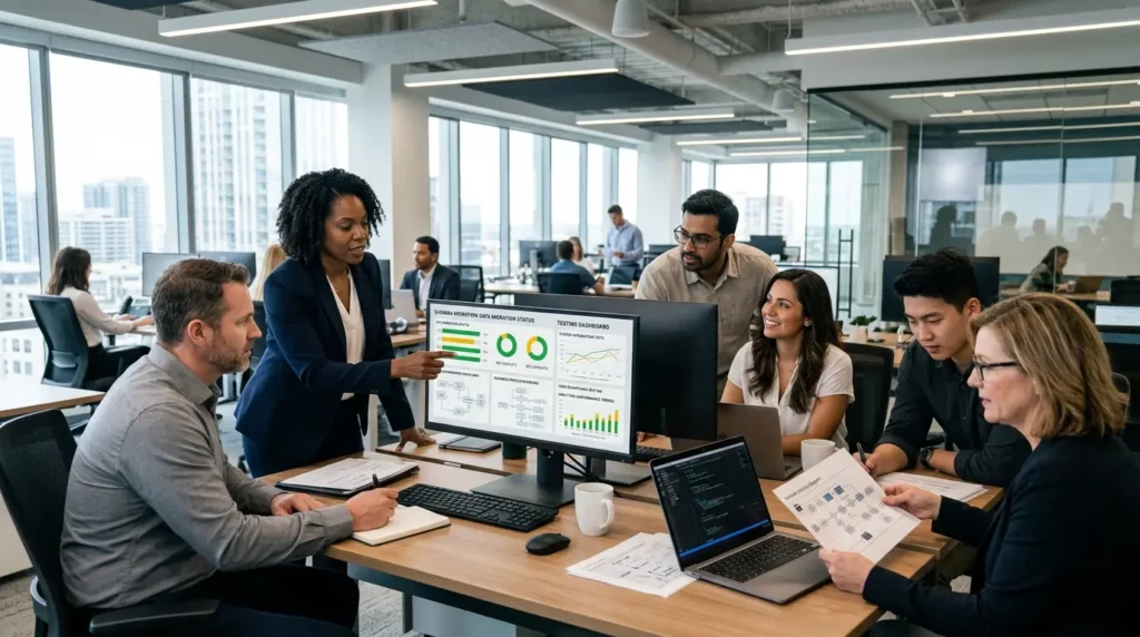A diverse team of SAP consultants and internal IT professionals collaborating at an office workstation while pointing to a monitor displaying S/4HANA data migration charts and testing dashboards.