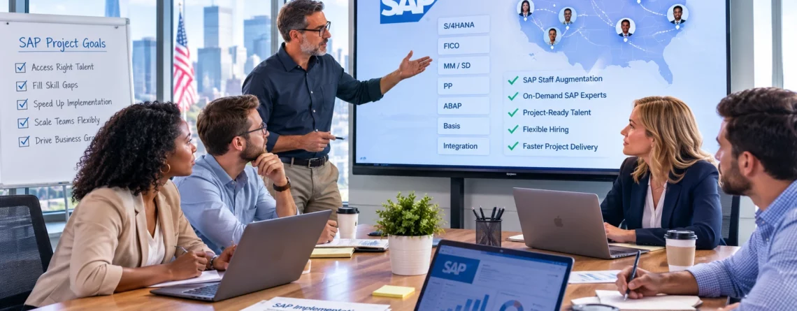 Diverse corporate team in a modern boardroom discussing SAP staff augmentation shown on a screen.