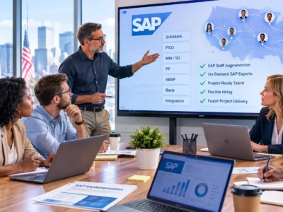 Diverse corporate team in a modern boardroom discussing SAP staff augmentation shown on a screen.