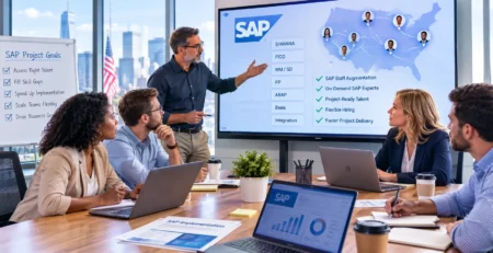 Diverse corporate team in a modern boardroom discussing SAP staff augmentation shown on a screen.