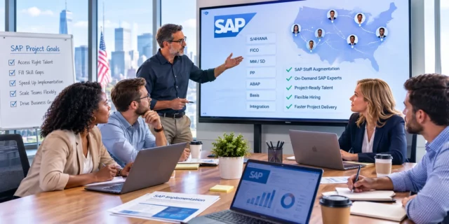 Diverse corporate team in a modern boardroom discussing SAP staff augmentation shown on a screen.