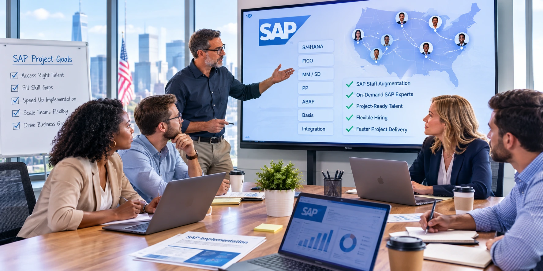 Diverse corporate team in a modern boardroom discussing SAP staff augmentation shown on a screen.