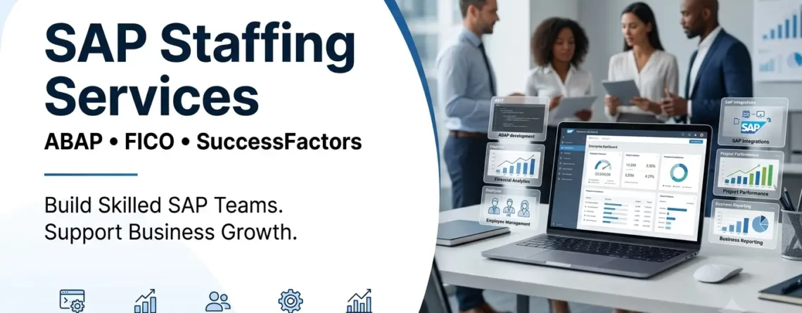 SEO featured image for SAP Staffing Services highlighting ABAP, FICO, and SuccessFactors solutions alongside a modern corporate office background.