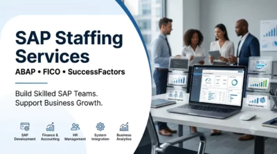 SEO featured image for SAP Staffing Services highlighting ABAP, FICO, and SuccessFactors solutions alongside a modern corporate office background.