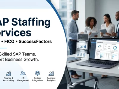 SEO featured image for SAP Staffing Services highlighting ABAP, FICO, and SuccessFactors solutions alongside a modern corporate office background.