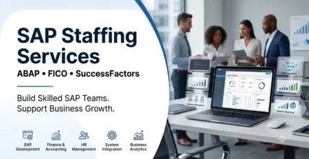 SEO featured image for SAP Staffing Services highlighting ABAP, FICO, and SuccessFactors solutions alongside a modern corporate office background.