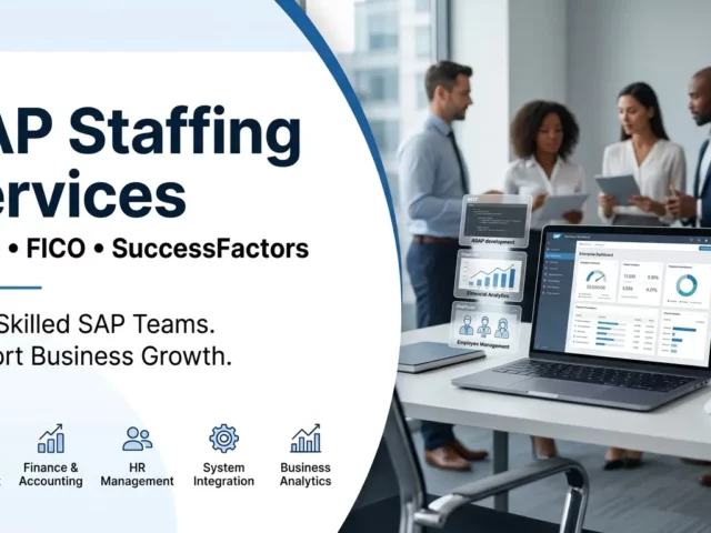 SEO featured image for SAP Staffing Services highlighting ABAP, FICO, and SuccessFactors solutions alongside a modern corporate office background.