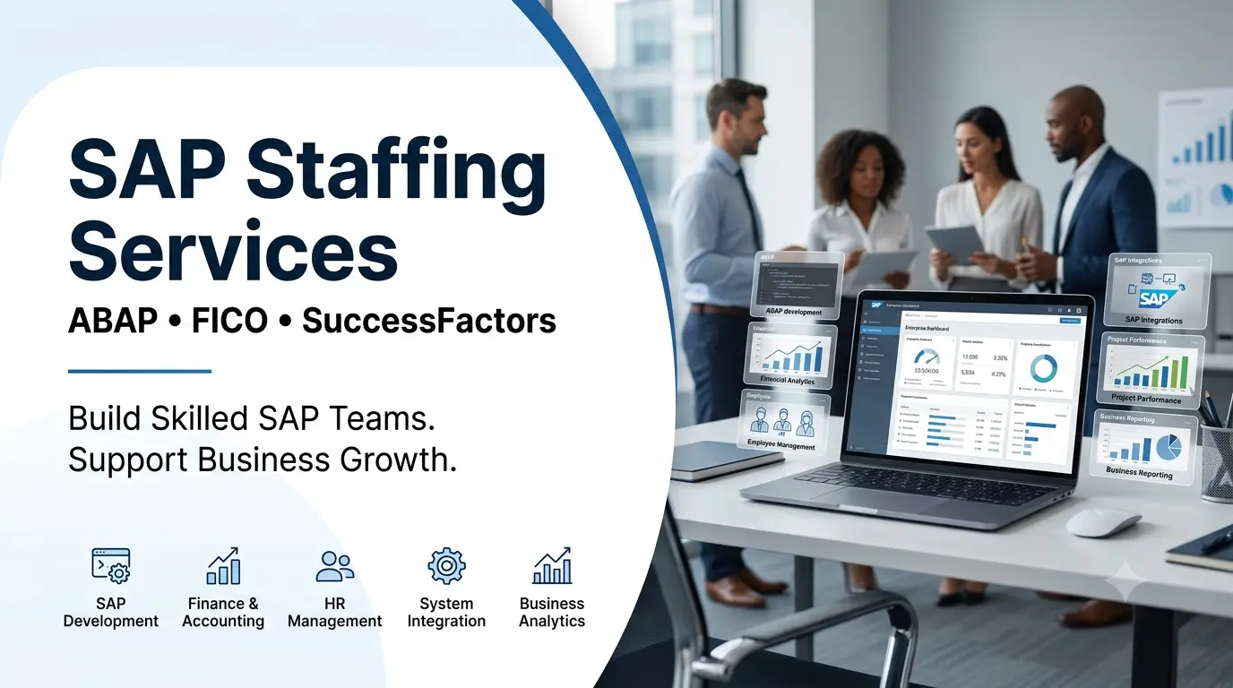 SEO featured image for SAP Staffing Services highlighting ABAP, FICO, and SuccessFactors solutions alongside a modern corporate office background.