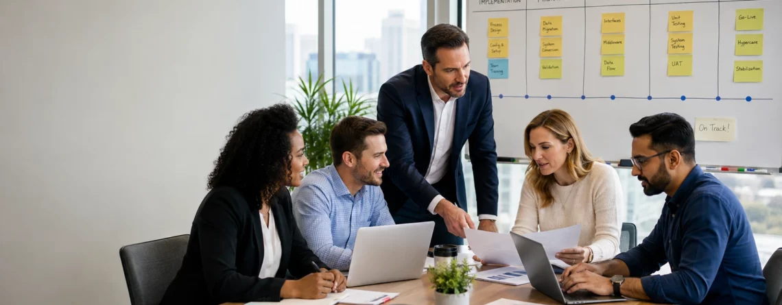 Diverse corporate team collaborating at a conference table in front of an SAP project roadmap whiteboard.
