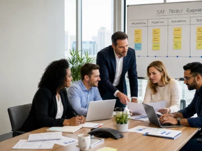 Diverse corporate team collaborating at a conference table in front of an SAP project roadmap whiteboard.