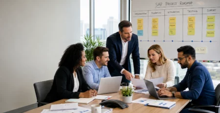 Diverse corporate team collaborating at a conference table in front of an SAP project roadmap whiteboard.