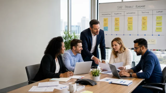 Diverse corporate team collaborating at a conference table in front of an SAP project roadmap whiteboard.