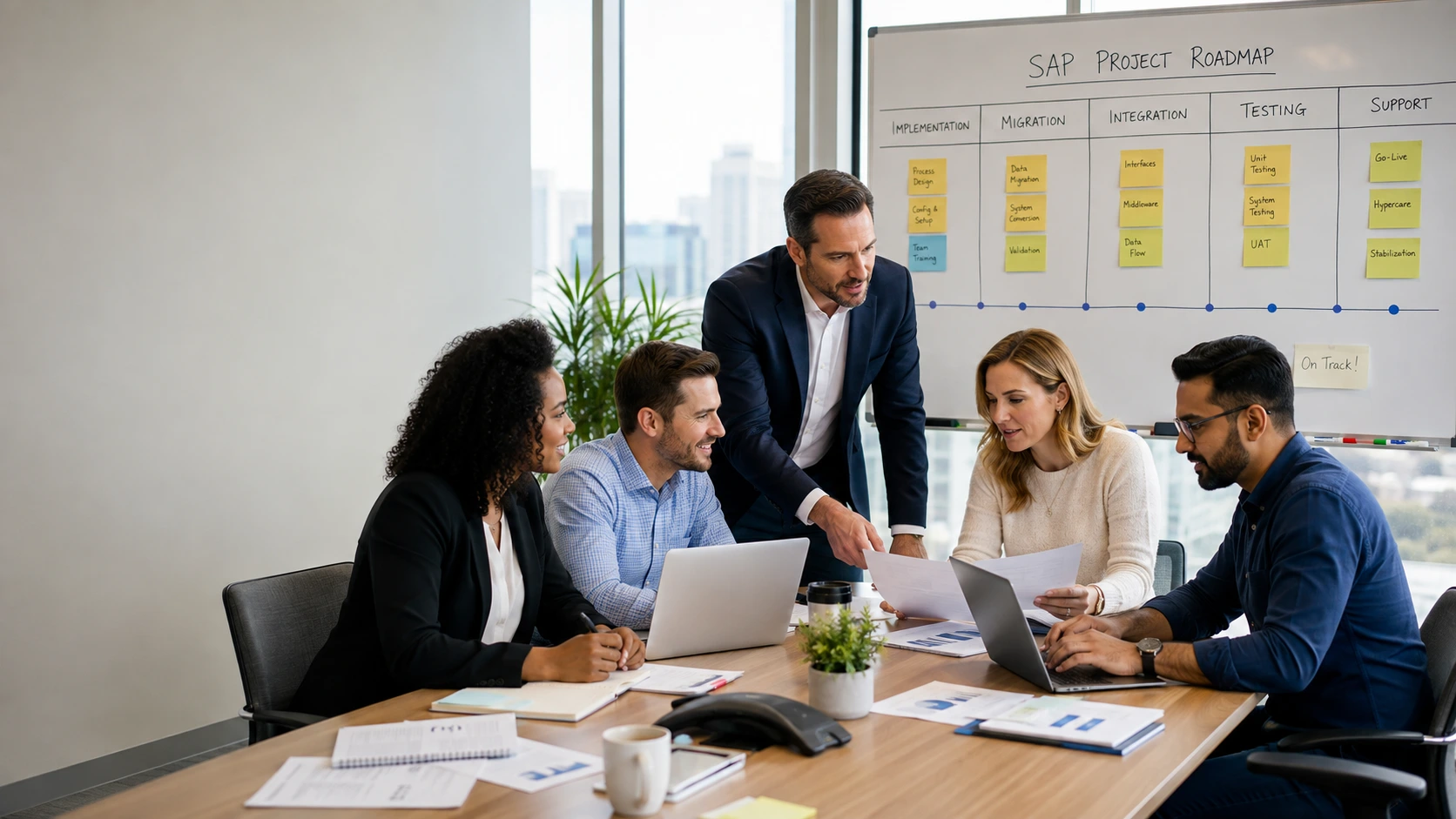 Diverse corporate team collaborating at a conference table in front of an SAP project roadmap whiteboard.