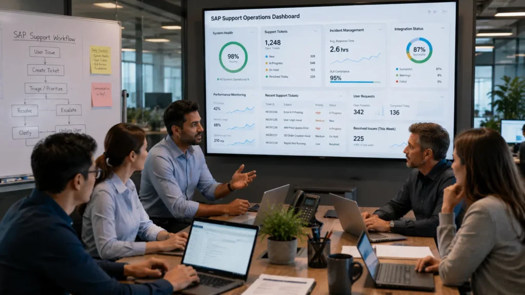 A team meets in a conference room in front of an SAP Support Operations Dashboard with system health metrics.