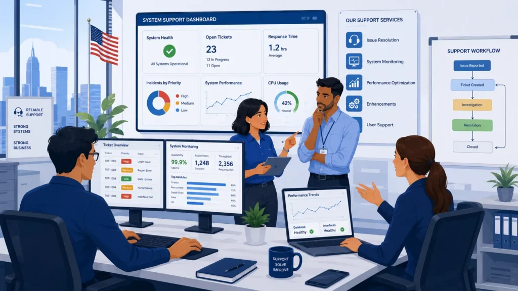An illustration of an IT support team collaborating in a modern office with large monitors displaying a System Support Dashboard, system health metrics, open ticket overviews, and a support workflow diagram.