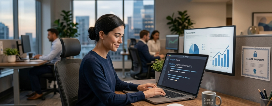 Financial software developer coding fintech applications
