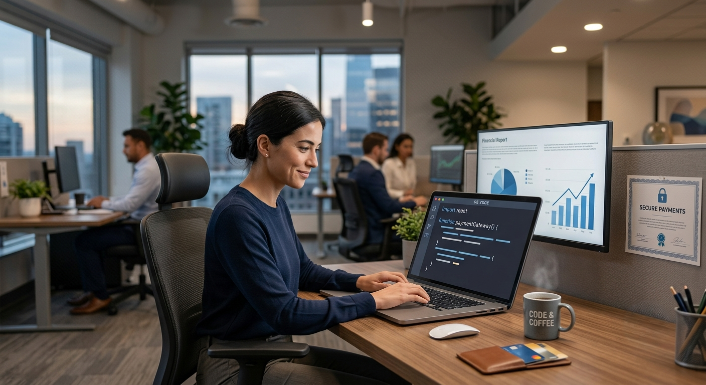 Financial software developer coding fintech applications