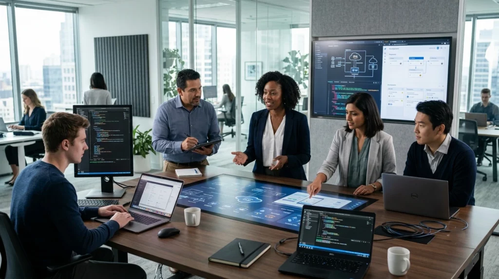Professional software development team collaborating with U.S. businesses