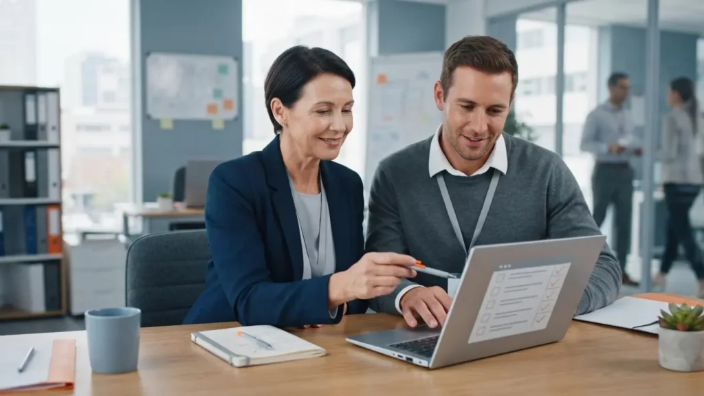 Two business colleagues, a woman in a blazer and a man in a sweater, look at a laptop screen at an office desk.