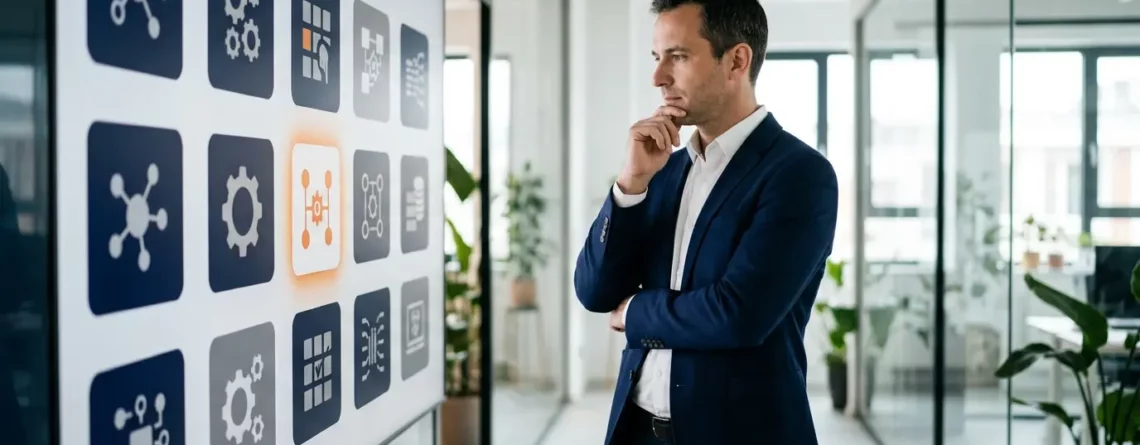 A focused professional in a suit considers tech system options displayed on a large grid screen in a modern hallway.