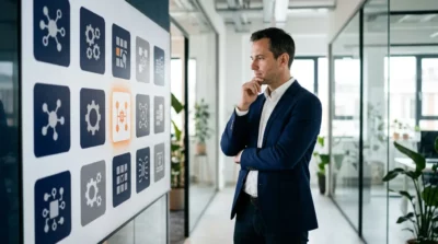 A focused professional in a suit considers tech system options displayed on a large grid screen in a modern hallway.