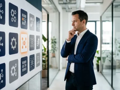 A focused professional in a suit considers tech system options displayed on a large grid screen in a modern hallway.