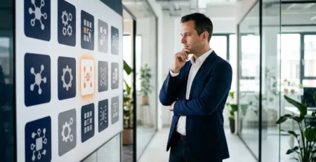 A focused professional in a suit considers tech system options displayed on a large grid screen in a modern hallway.