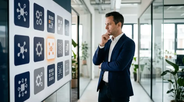 A focused professional in a suit considers tech system options displayed on a large grid screen in a modern hallway.