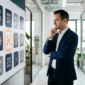 A focused professional in a suit considers tech system options displayed on a large grid screen in a modern hallway.