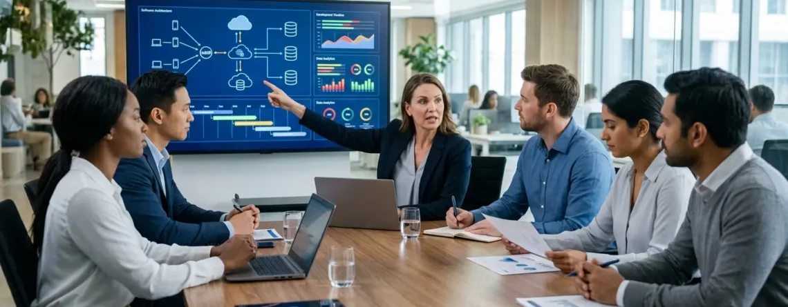 A diverse business team evaluating software architecture and project timelines on a display monitor in a modern U.S. technology office conference room.