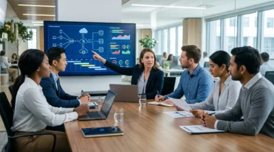 A diverse business team evaluating software architecture and project timelines on a display monitor in a modern U.S. technology office conference room.