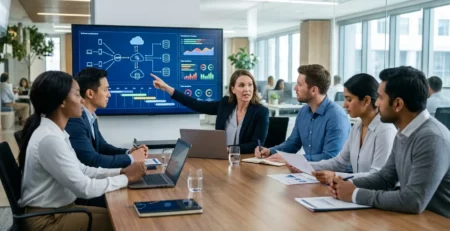 A diverse business team evaluating software architecture and project timelines on a display monitor in a modern U.S. technology office conference room.