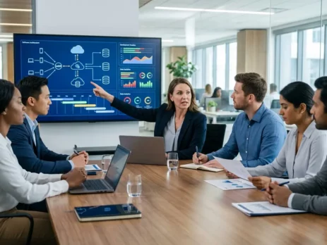 A diverse business team evaluating software architecture and project timelines on a display monitor in a modern U.S. technology office conference room.